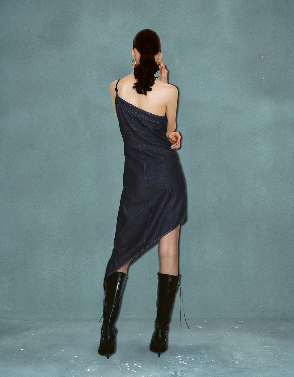 Asymmetric One Shoulder Denim Cami Dress