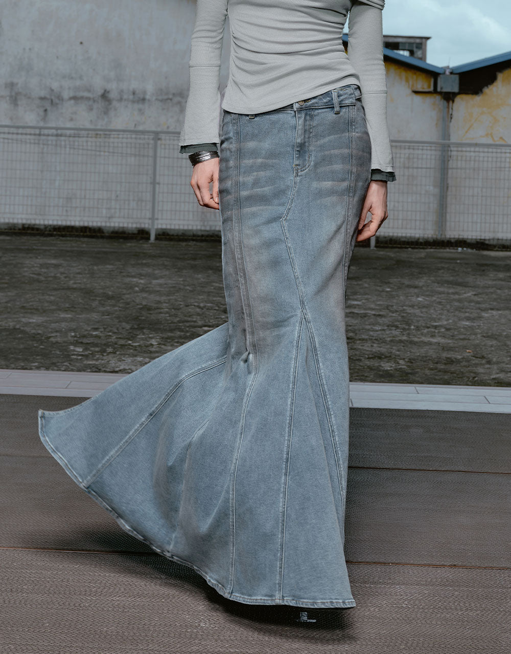 Gradient Denim Fishtail Skirt