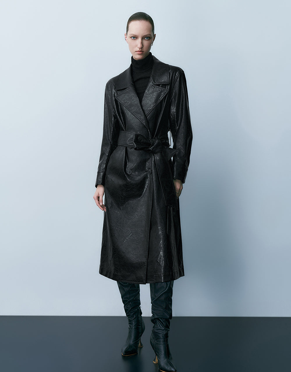 Vegan Leather Straight Coat With Belt