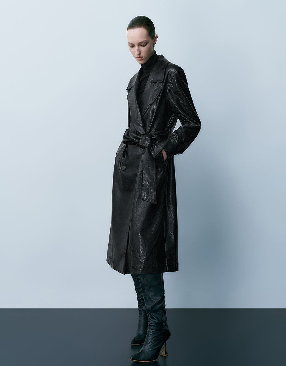 Vegan Leather Straight Coat With Belt