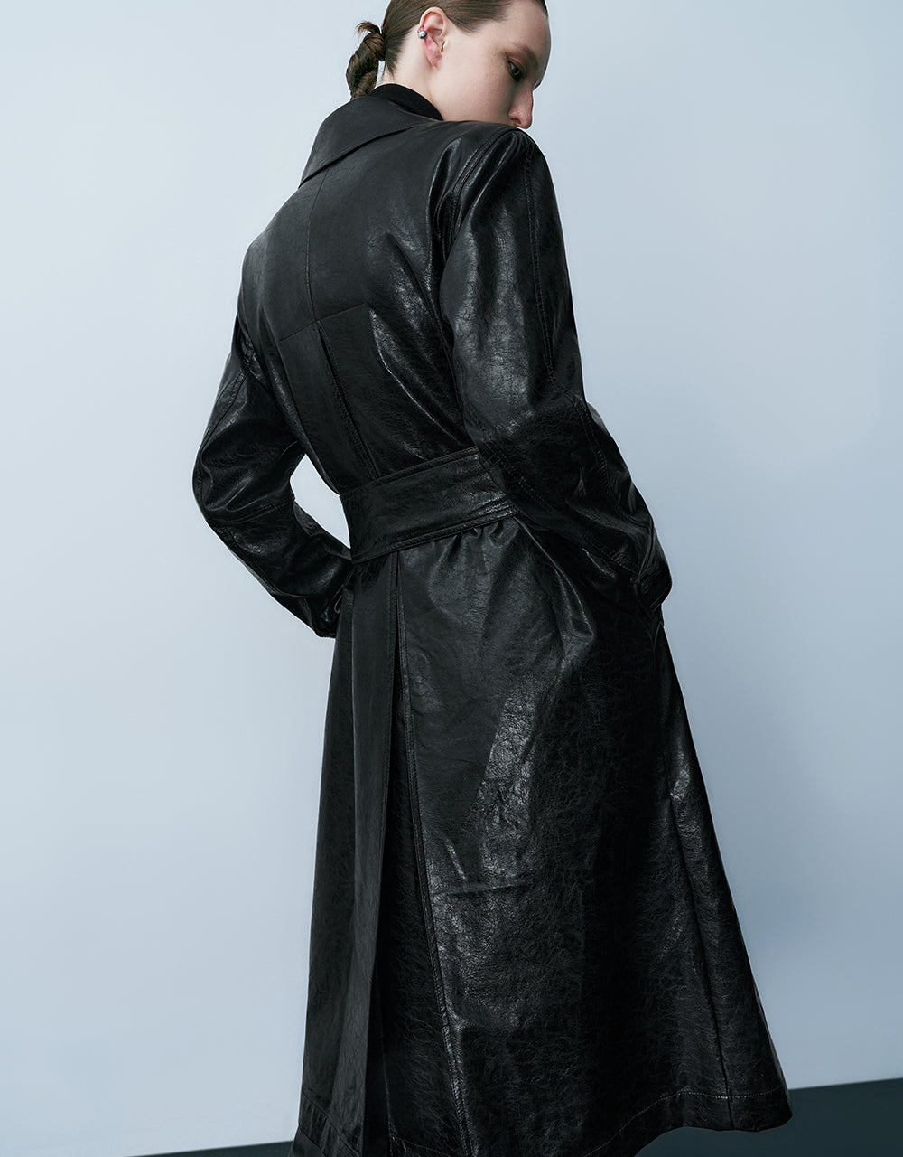 Vegan Leather Straight Coat With Belt