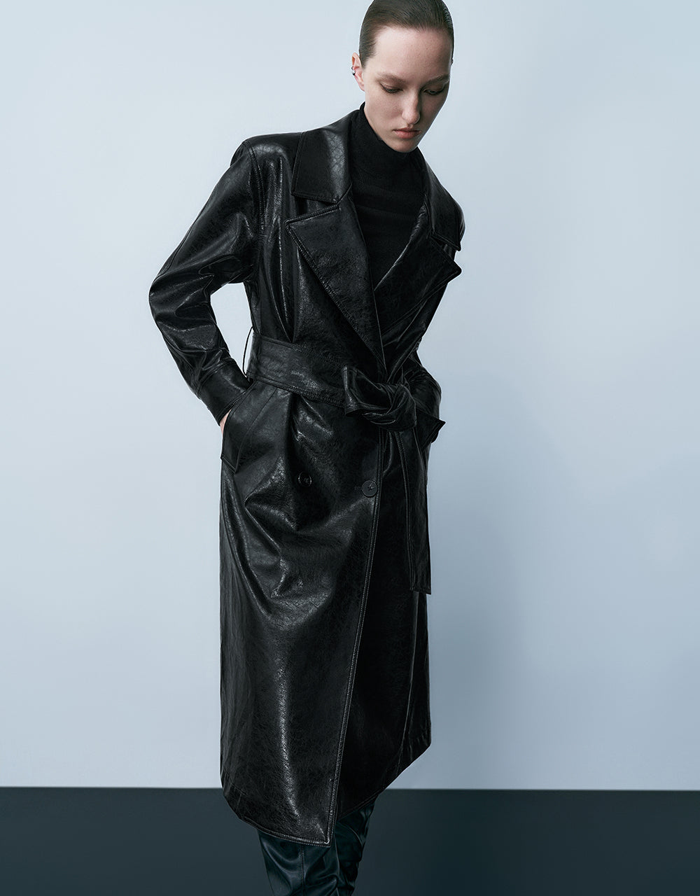 Vegan Leather Straight Coat With Belt