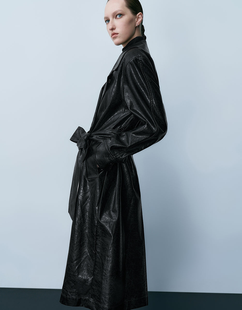 Vegan Leather Straight Coat With Belt