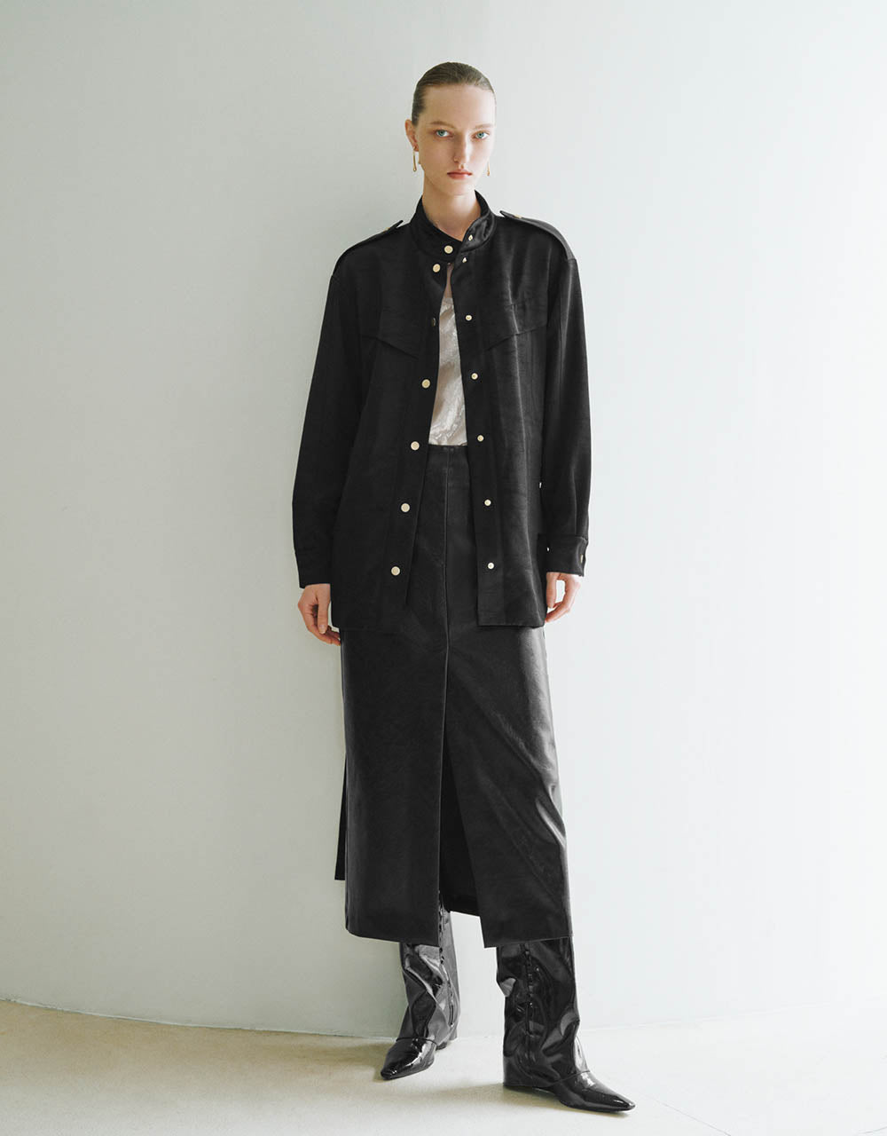 Stand Collar Straight Jacket With Belt