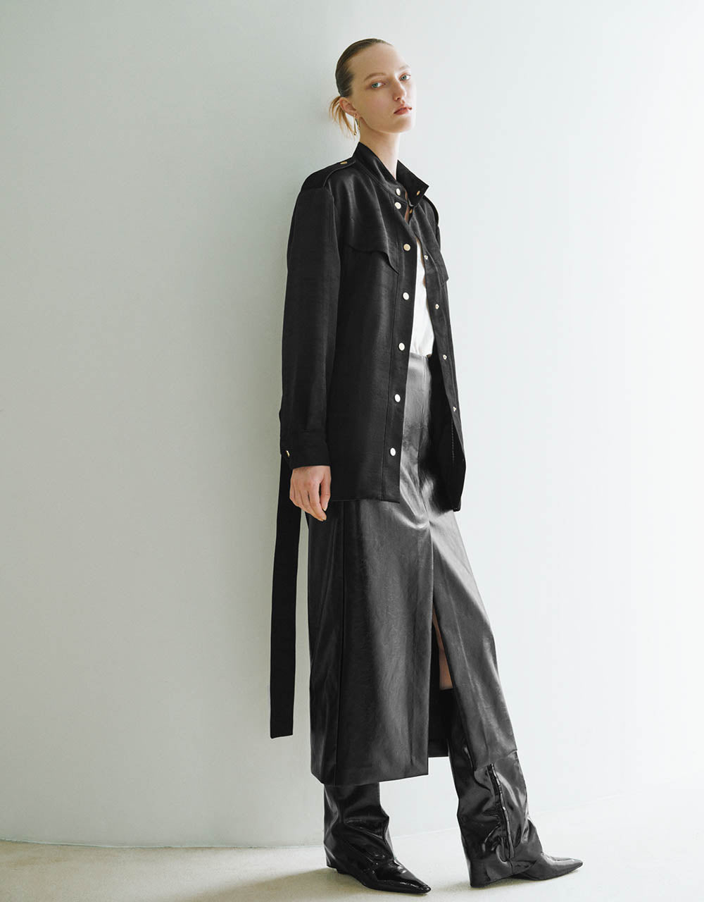 Stand Collar Straight Jacket With Belt