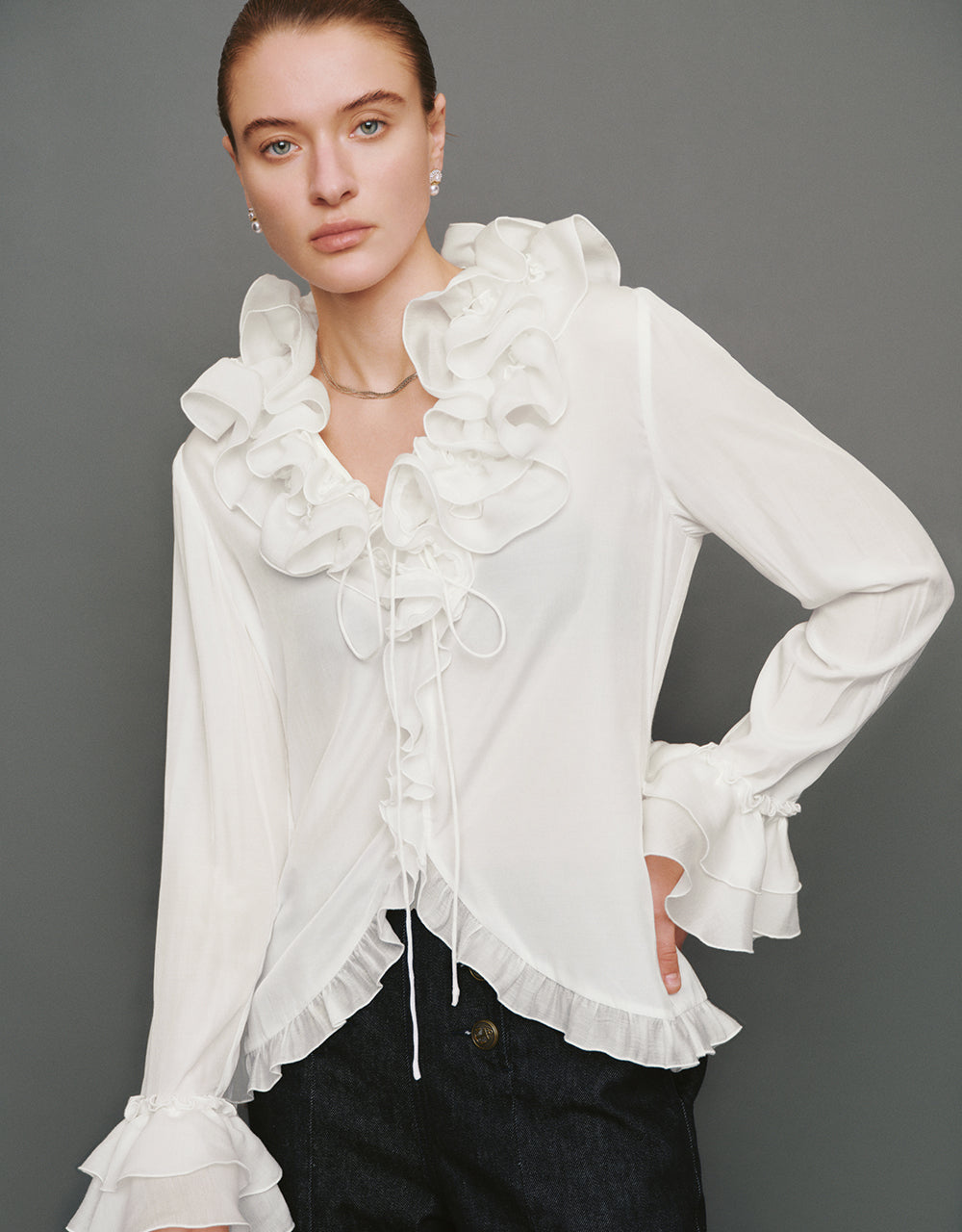 Ruffle V-Neck Tie Front Blouse