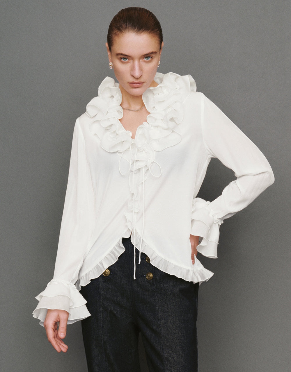 Ruffle V-Neck Tie Front Blouse