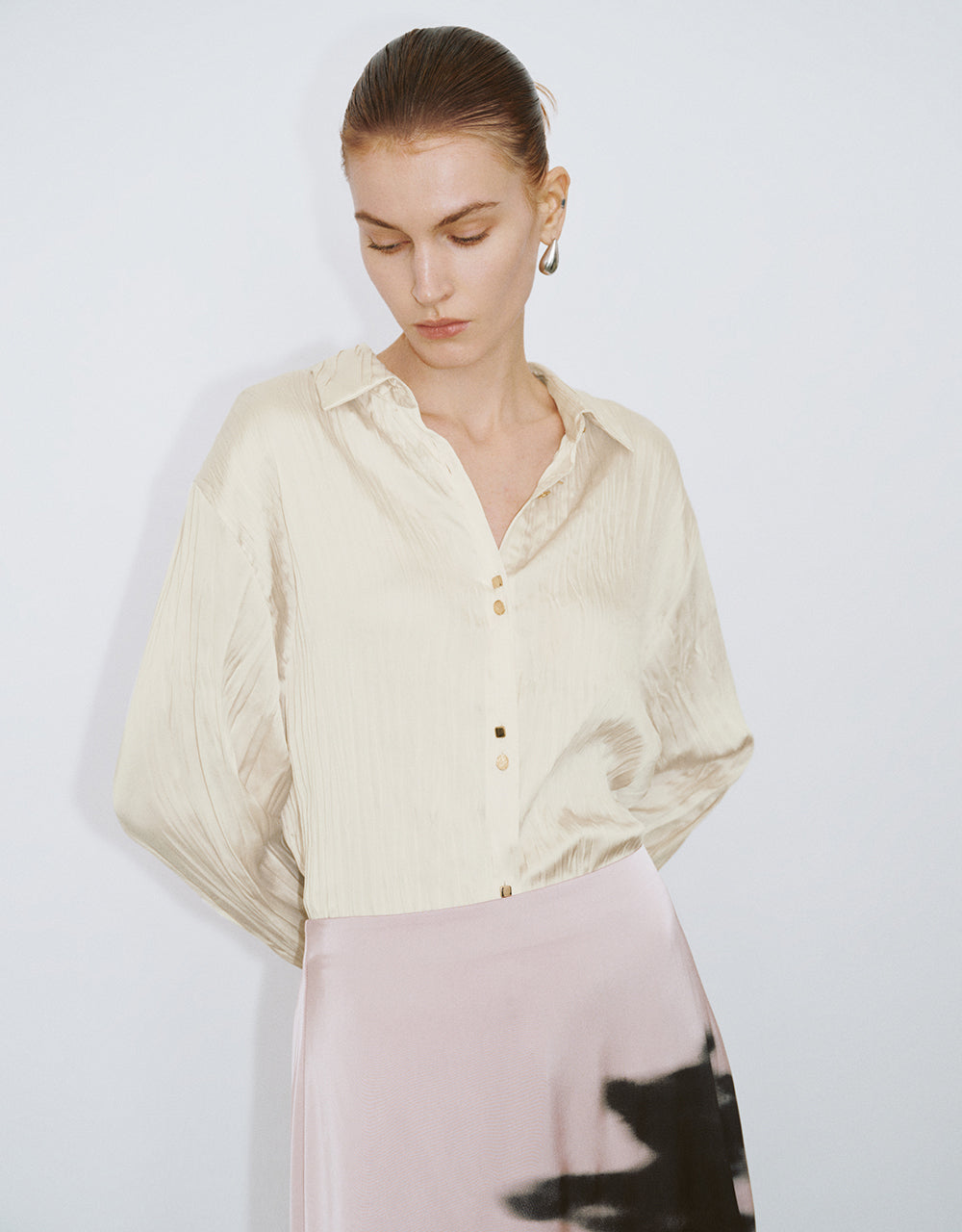 Ruched Button Up Straight Shirt