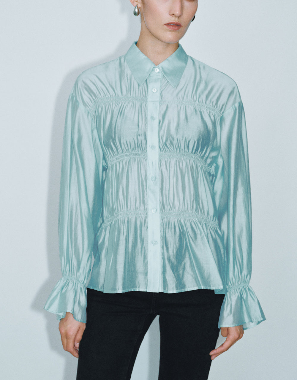 Shirred Button Up Straight Shirt