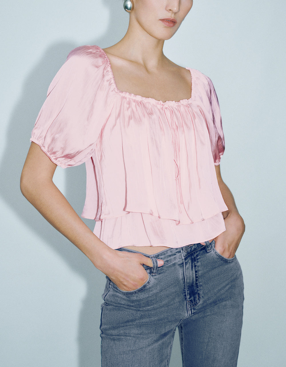 Puff Sleeve Square-Cut Collar Blouse