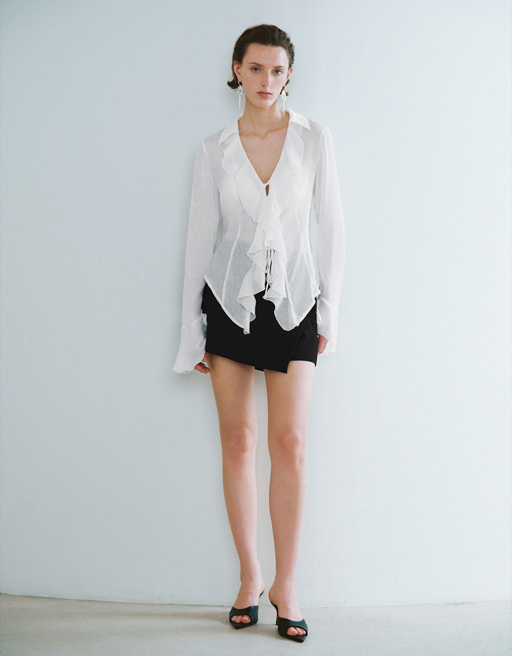 Ruffle Tie Front V-Neck Overhead Shirt