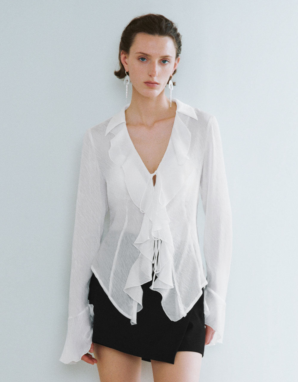 Ruffle Tie Front V-Neck Overhead Shirt