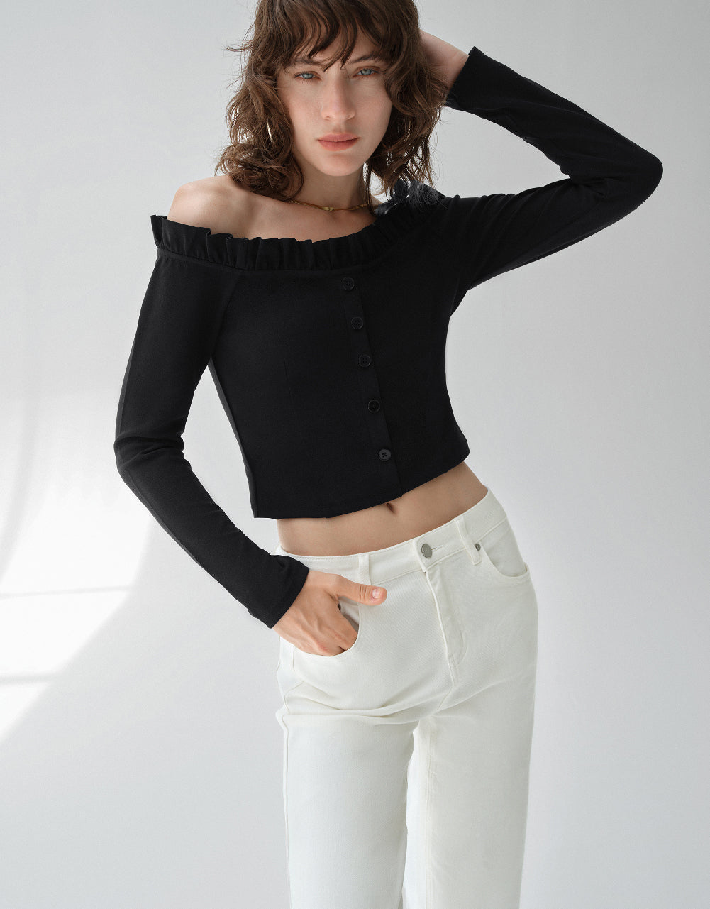 Frill Trim Off-Shoulder Skinny T-Shirt