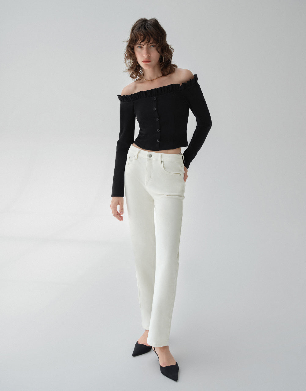 Frill Trim Off-Shoulder Skinny T-Shirt