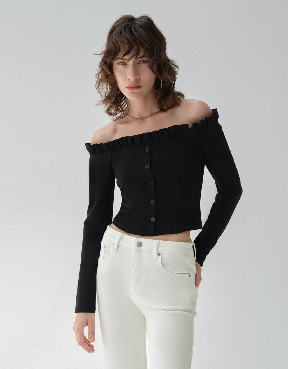 Frill Trim Off-Shoulder Skinny T-Shirt