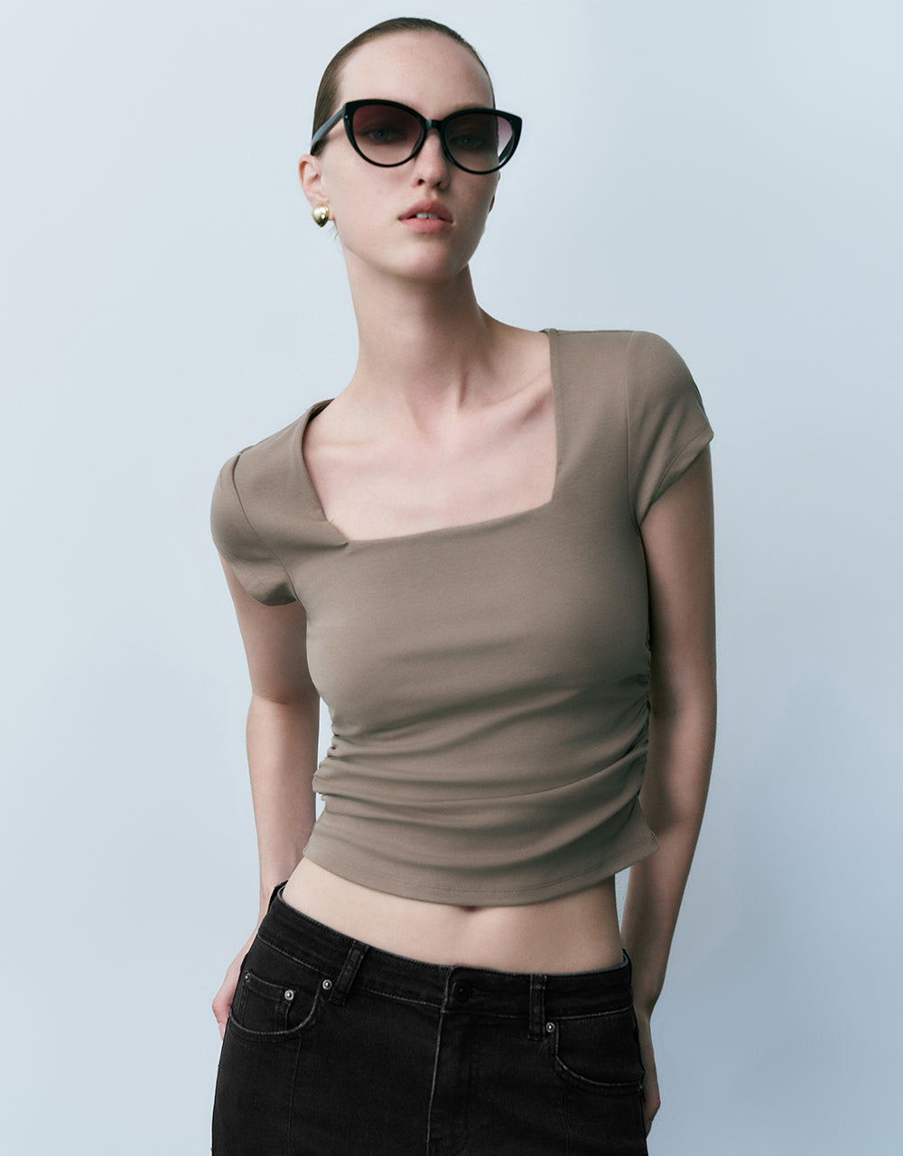 Square-Cut Collar Skinny Knitted T-Shirt