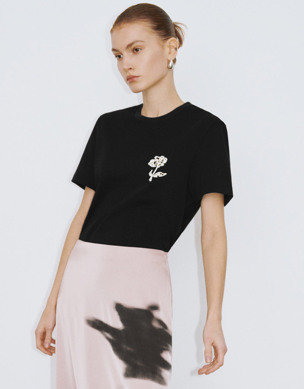 Flower Embossed Crew Neck T-Shirt