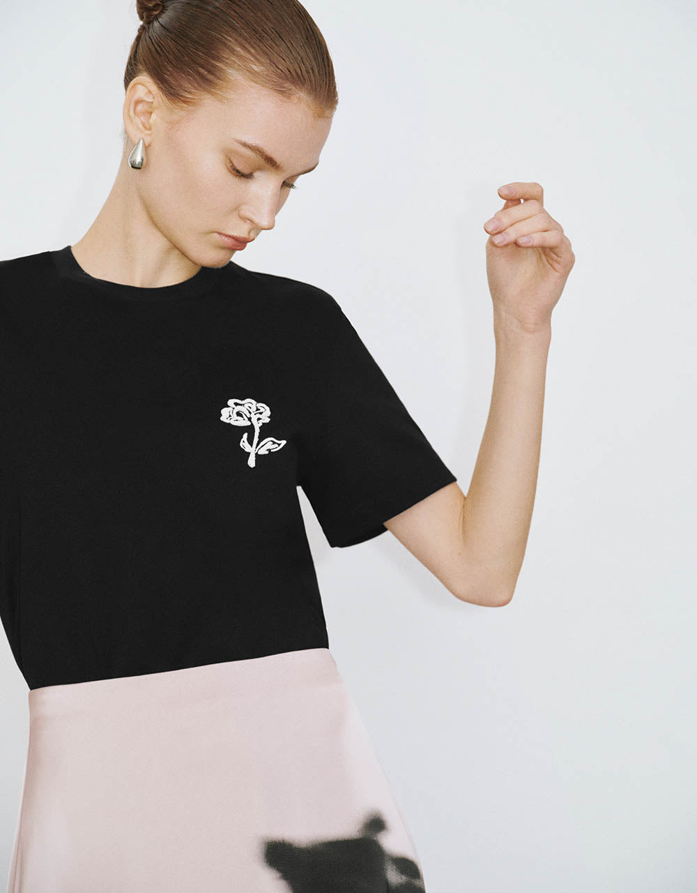 Flower Embossed Crew Neck T-Shirt