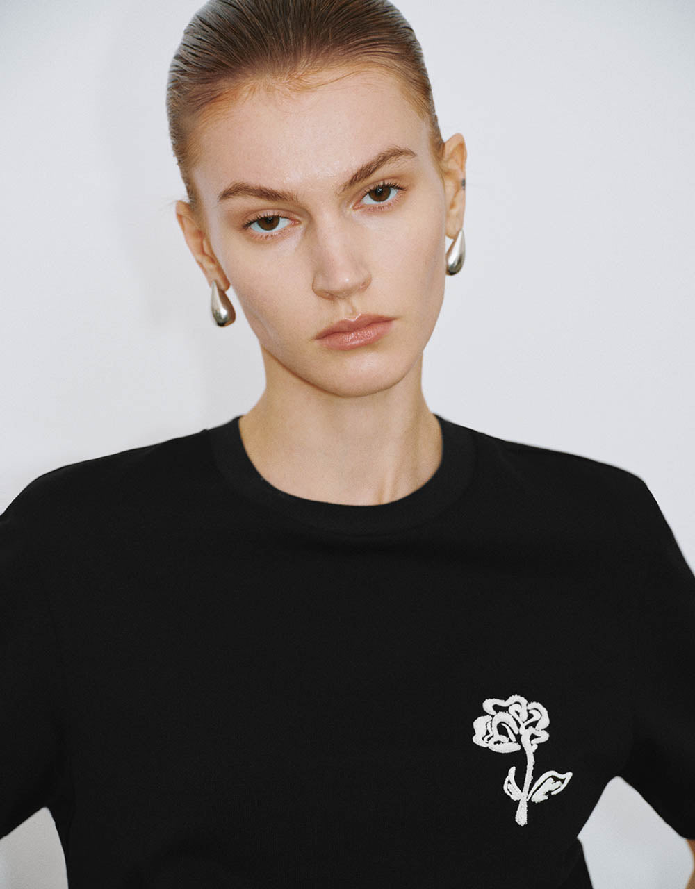 Flower Embossed Crew Neck T-Shirt