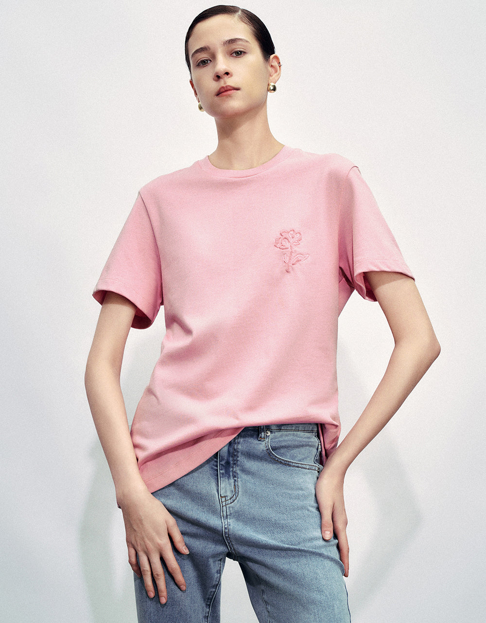 Flower Embossed Crew Neck T-Shirt