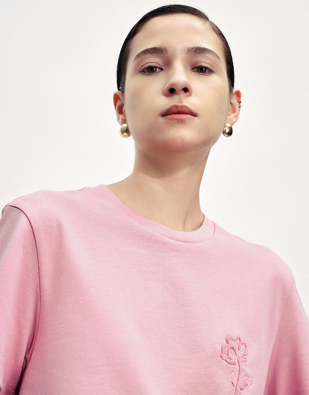 Flower Embossed Crew Neck T-Shirt