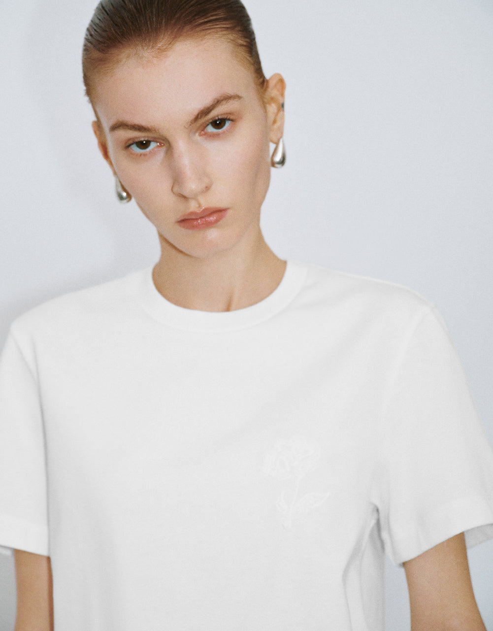 Flower Embossed Crew Neck T-Shirt