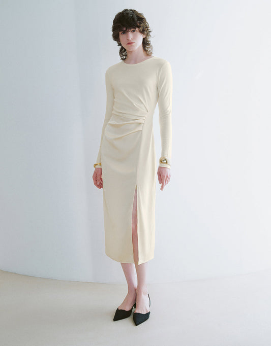 Split Hem Ruched Crew Neck Straight Dress