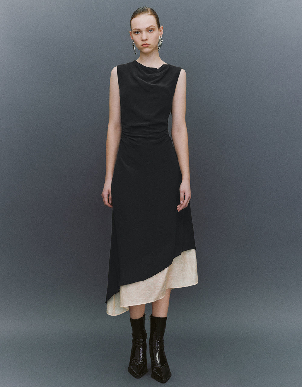 Asymmetric Sleeveless Cowl Neck A-Line Dress