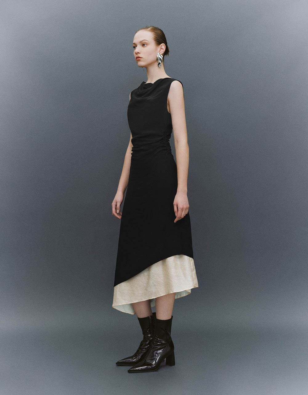 Asymmetric Sleeveless Cowl Neck A-Line Dress