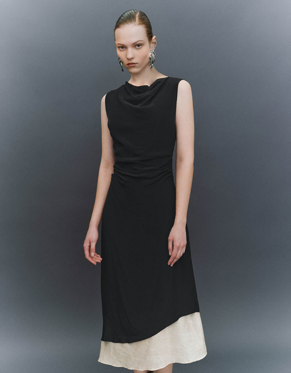 Asymmetric Sleeveless Cowl Neck A-Line Dress