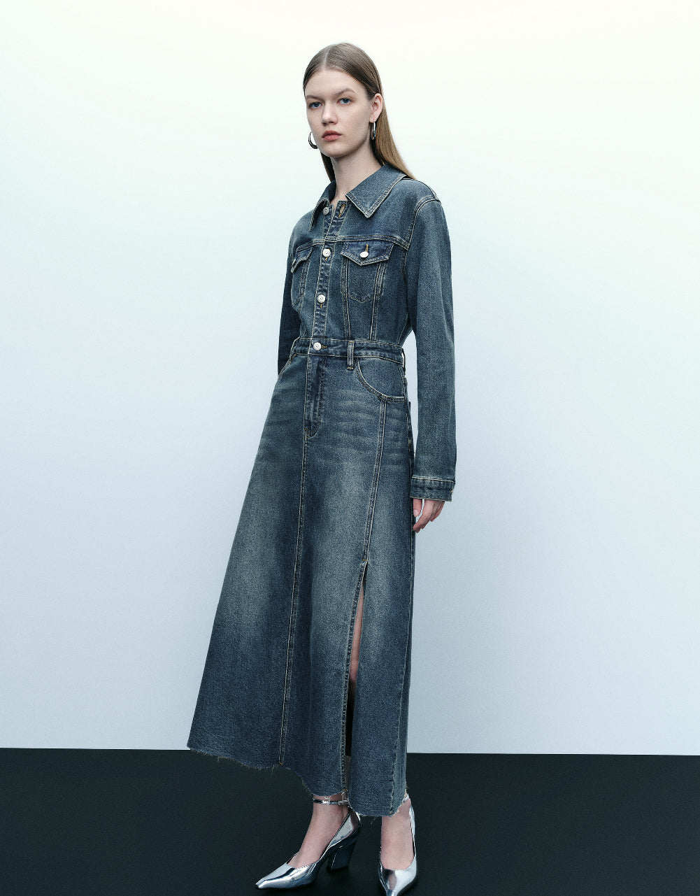 Split Hem Lapel Denim Dress