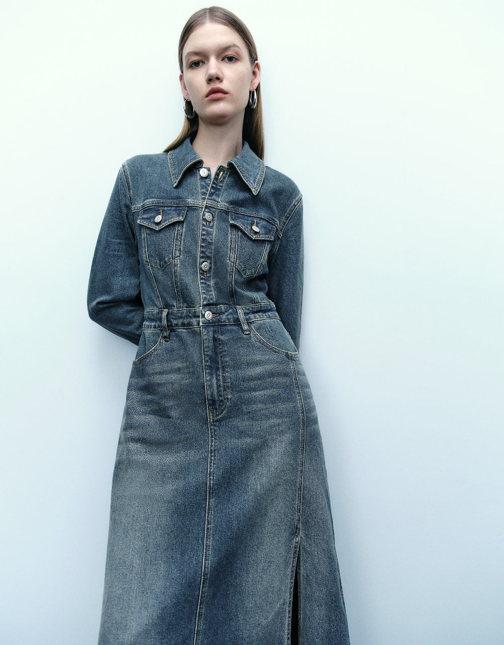 Split Hem Lapel Denim Dress