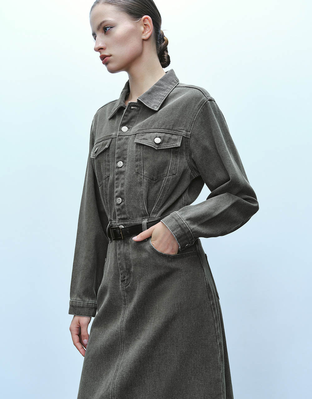 Lapel Denim Dress With Belt