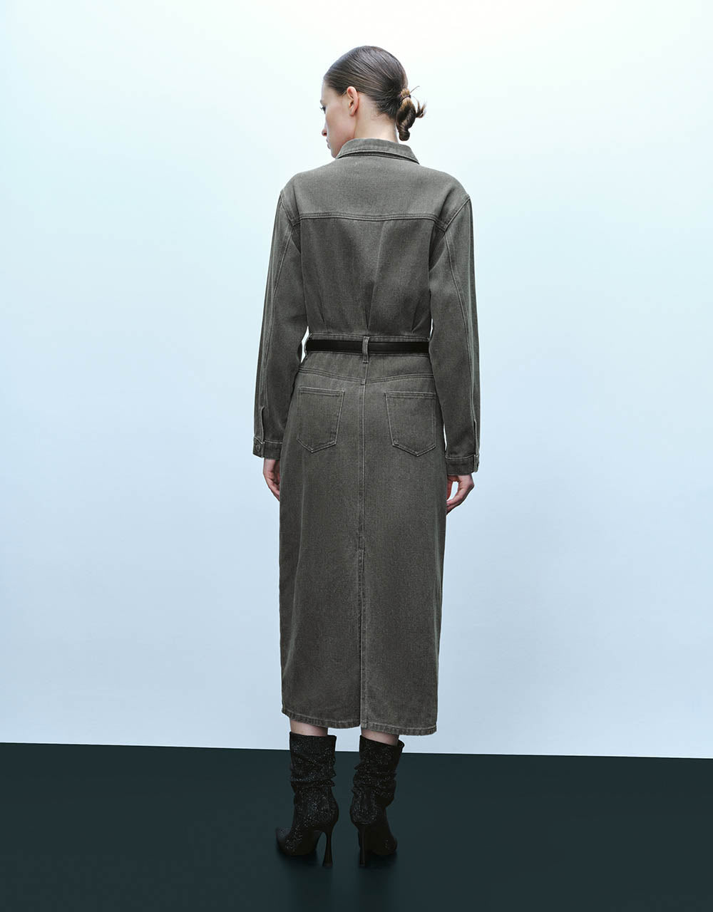 Lapel Denim Dress With Belt