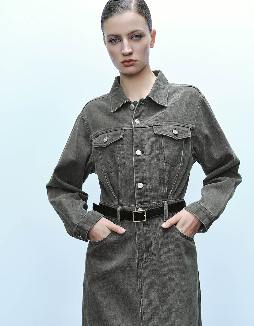 Lapel Denim Dress With Belt
