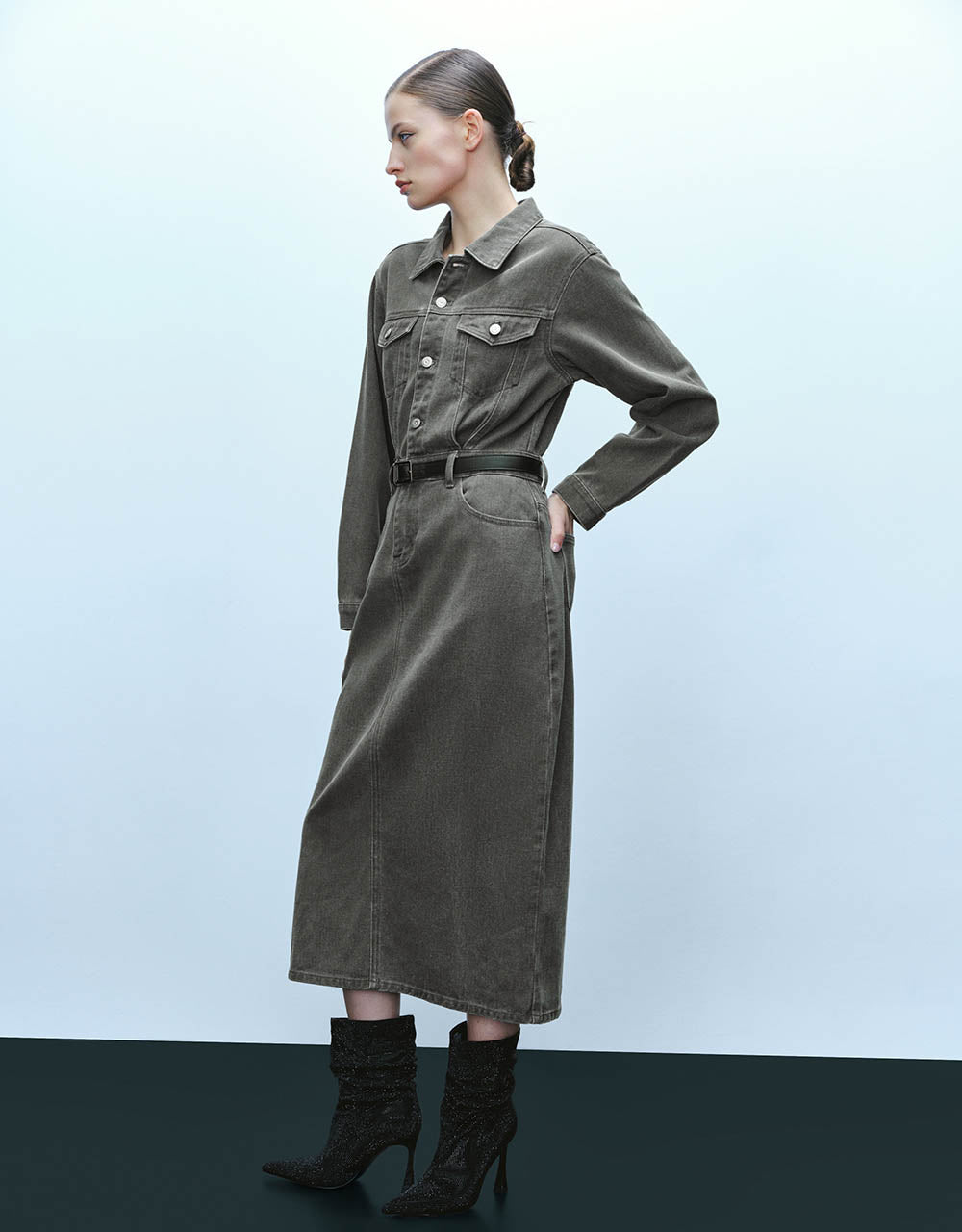 Lapel Denim Dress With Belt