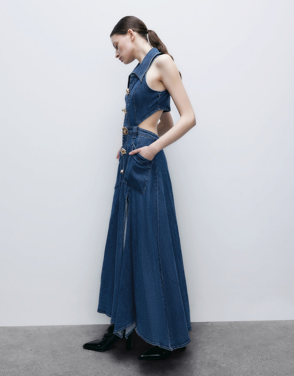 Cut-Out Sleeveless Lapel Denim Dress