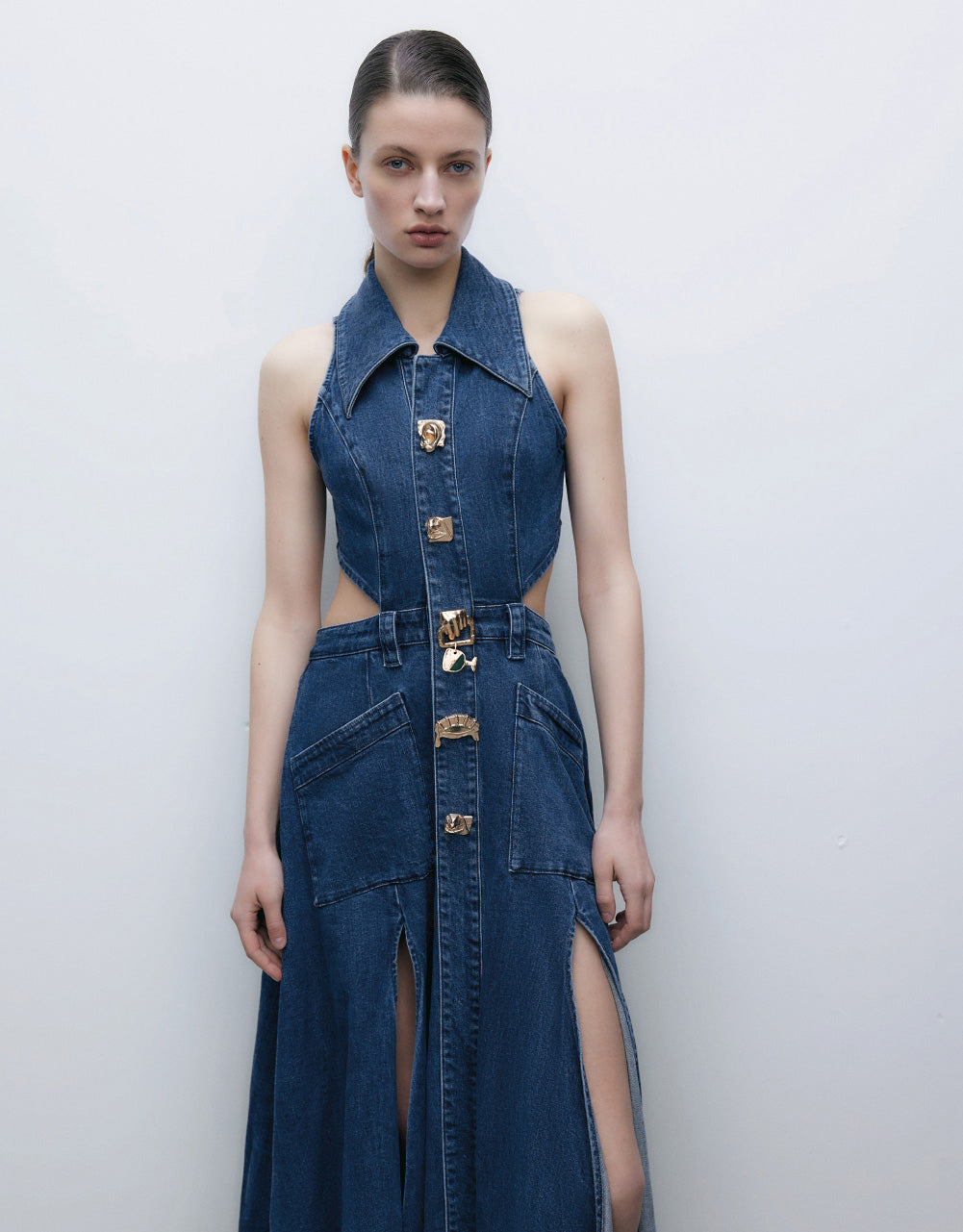 Cut-Out Sleeveless Lapel Denim Dress