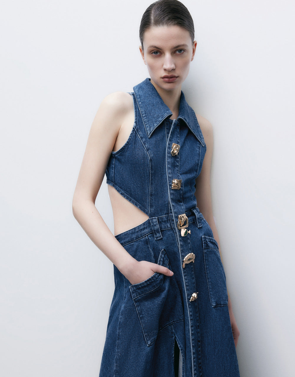 Cut-Out Sleeveless Lapel Denim Dress