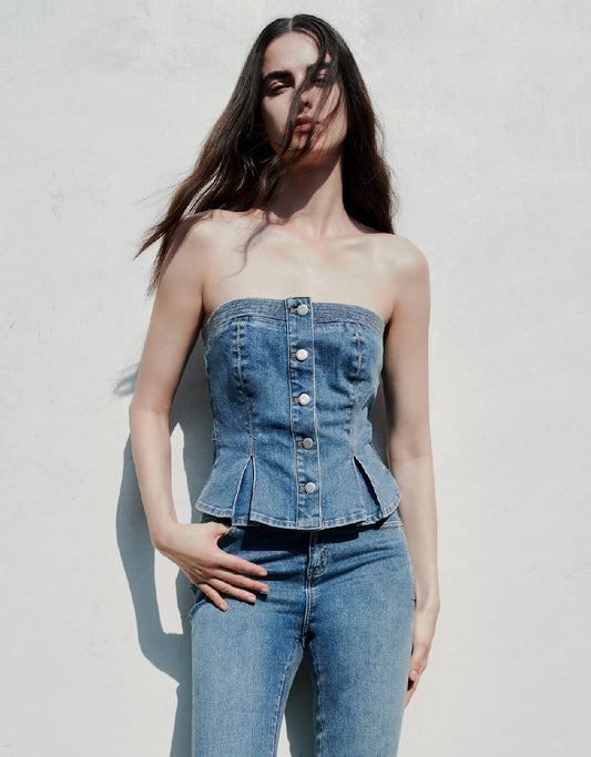 Button Up Denim Tube Top