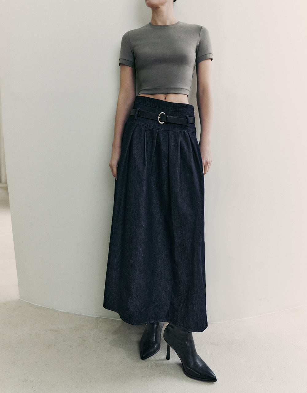 Midi A-Line Denim Skirt With Belt