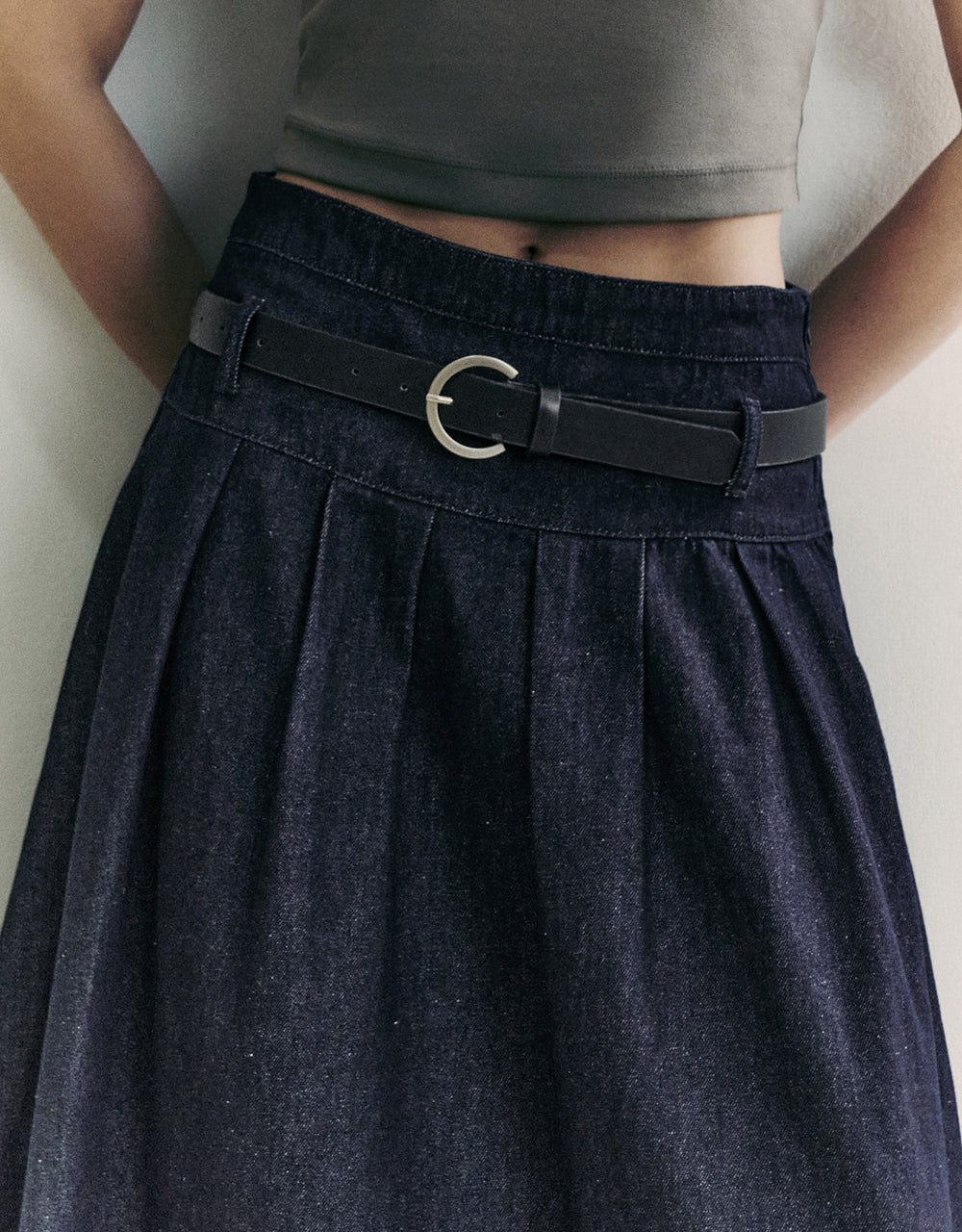 Midi A-Line Denim Skirt With Belt