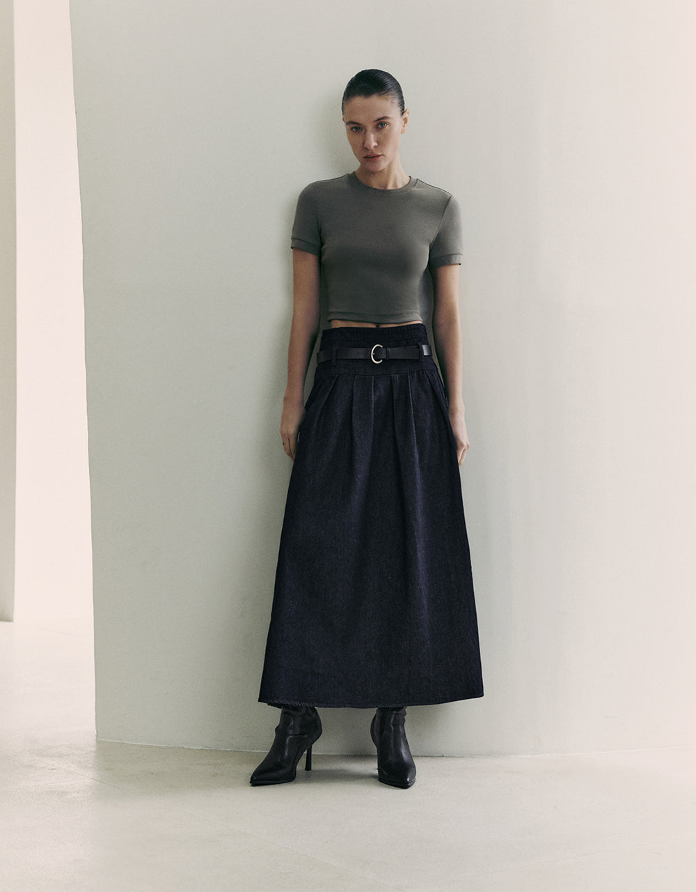 Midi A-Line Denim Skirt With Belt