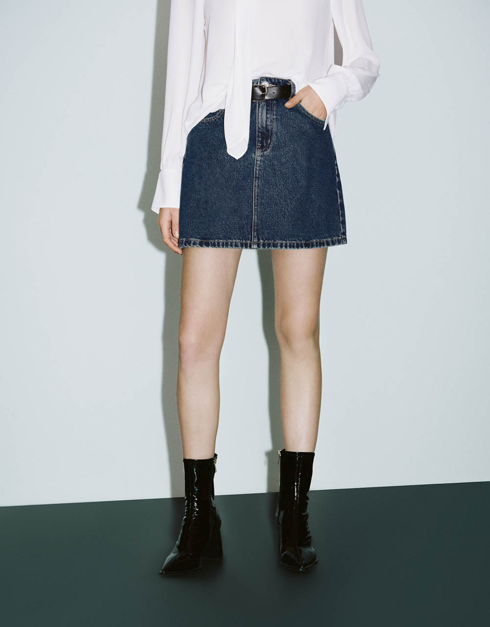 Mini A-Line Denim Skirt With Belt