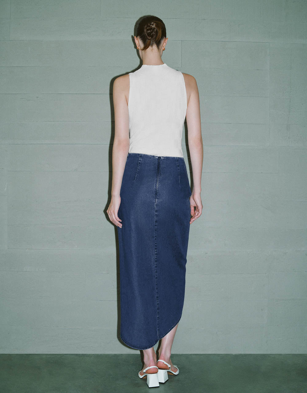 Wrapped Straight Midi Denim Skirt