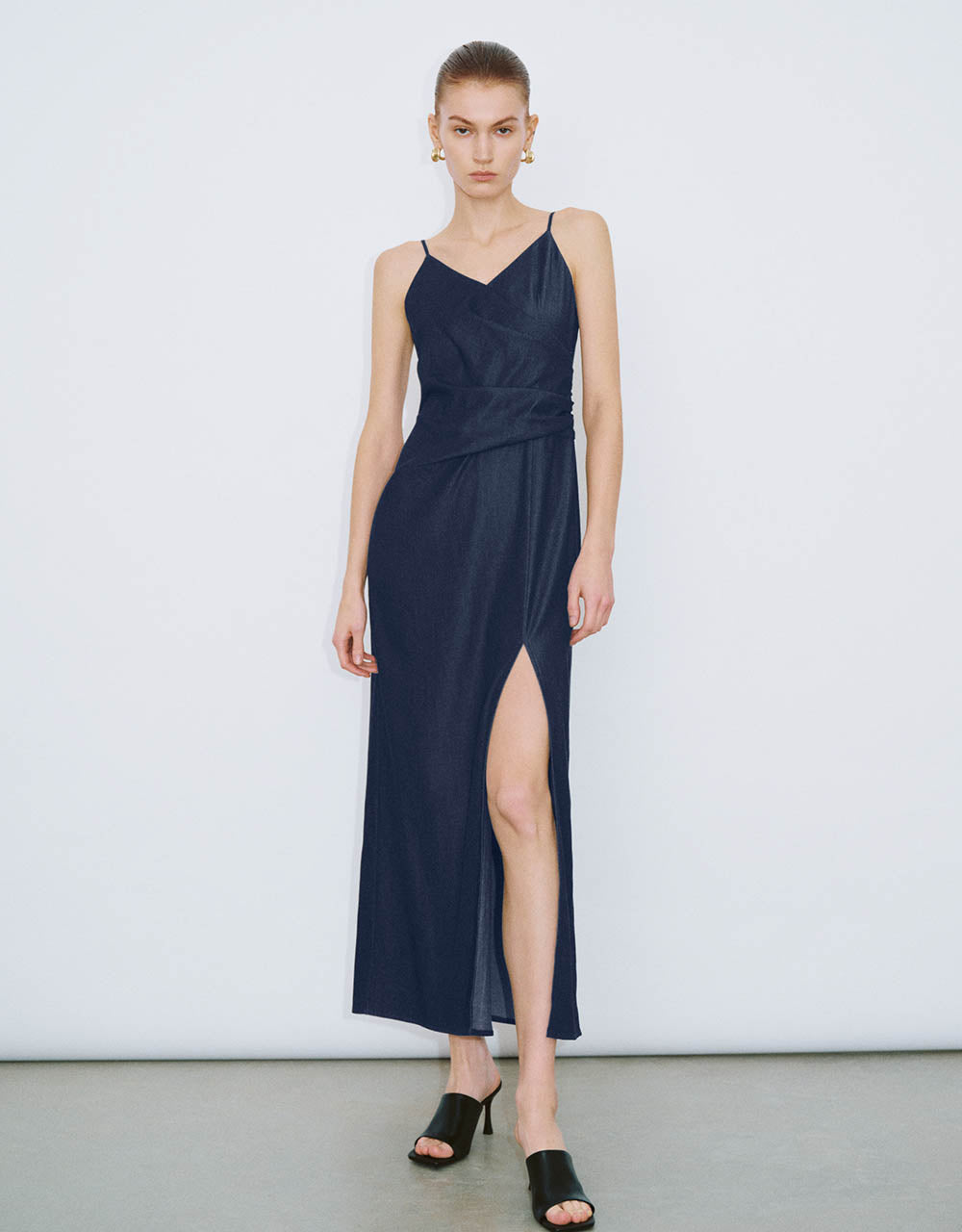 Ruched V-Neck Denim Cami Dress