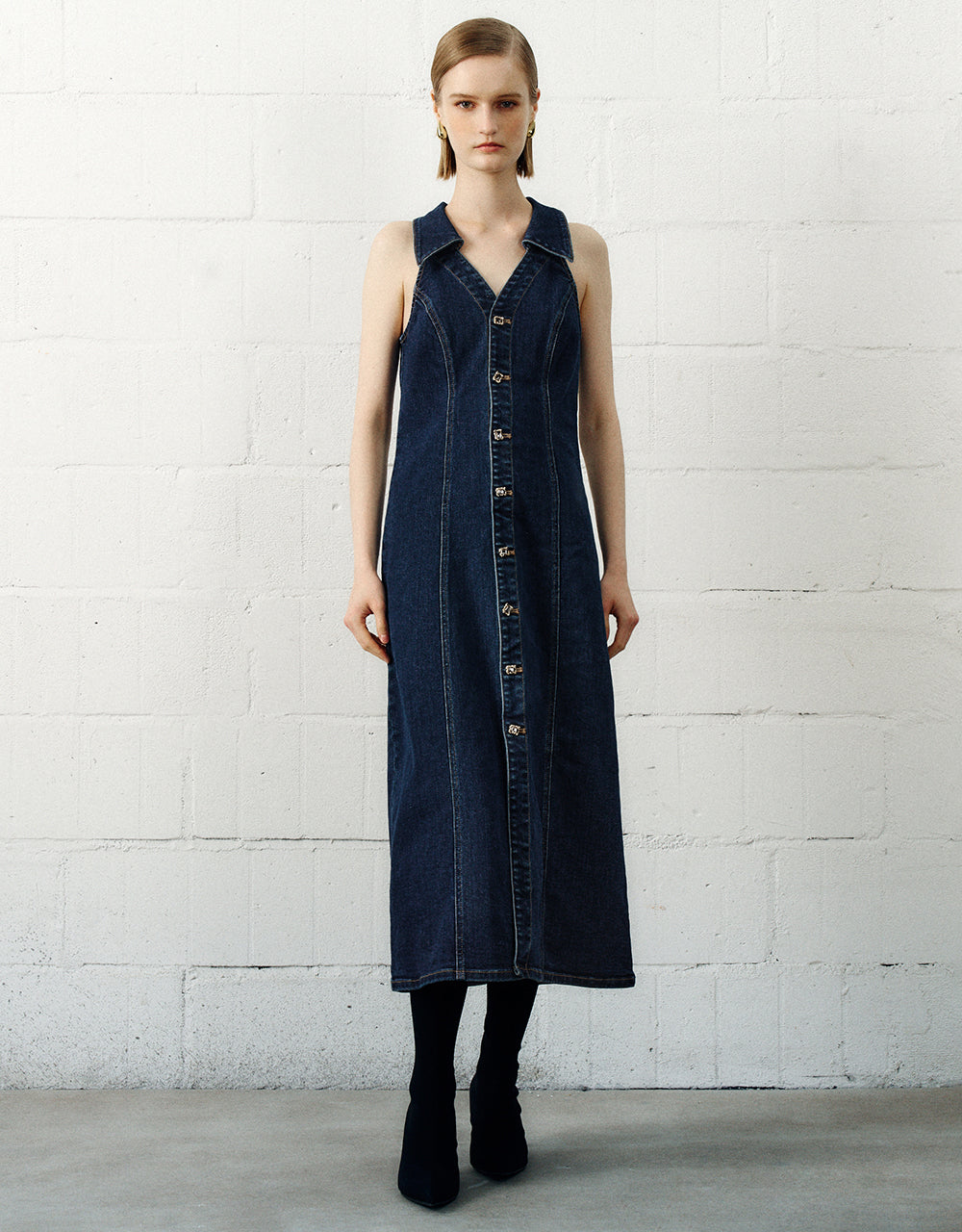 Sleeveless Lapel Denim Dress