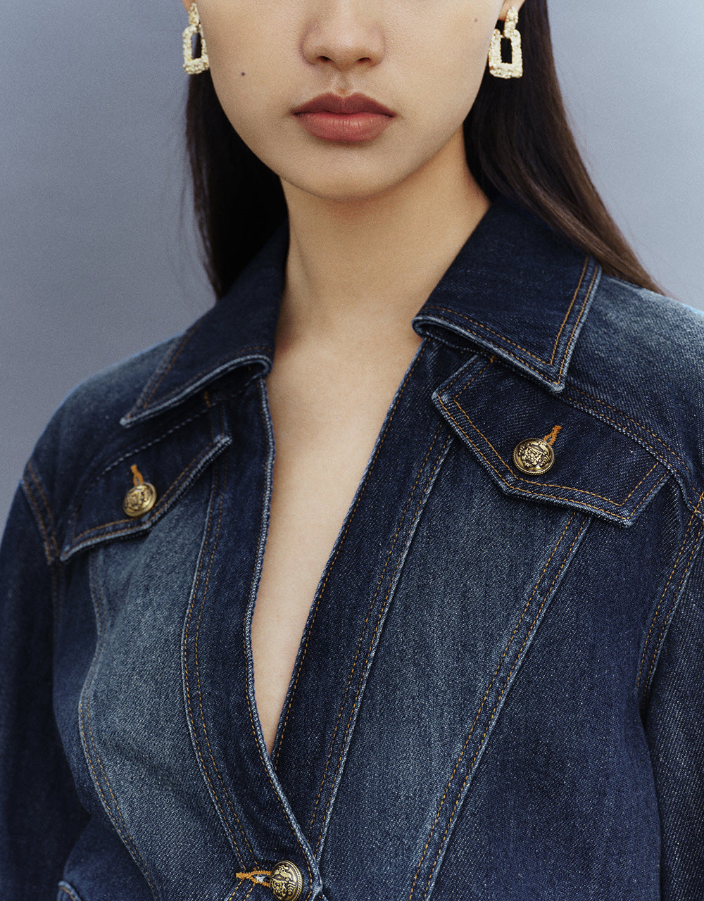 Cropped One Button Denim Jacket