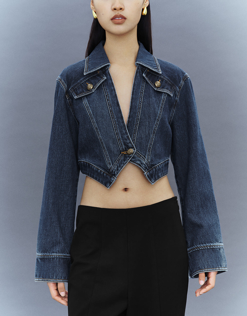 Cropped One Button Denim Jacket