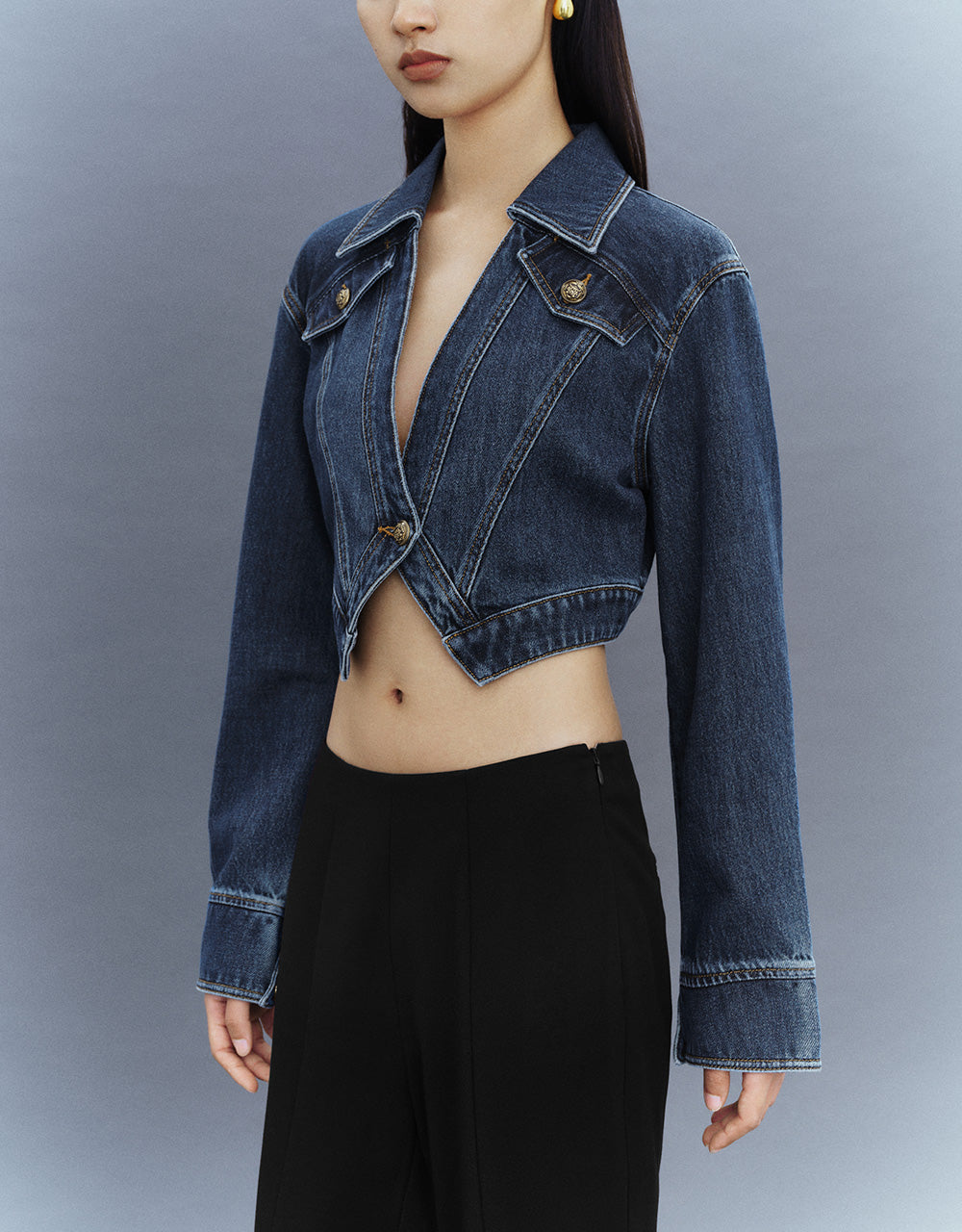 Cropped One Button Denim Jacket